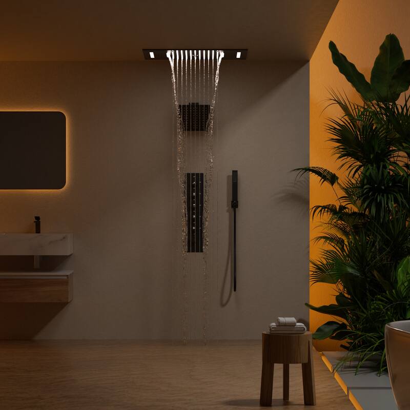 GRANDJOY Dual Shower Heads System with 3 Spray Modes 22"*15" Ceiling and 6" Wall Mount Body Jets Handheld Spray LED Music