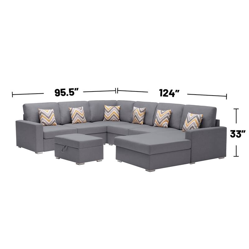 Linen Fabric 7 Piece Reversible Chaise Sectional Sofa with Interchangeable Legs, 7 Pillows and Storage Ottoman