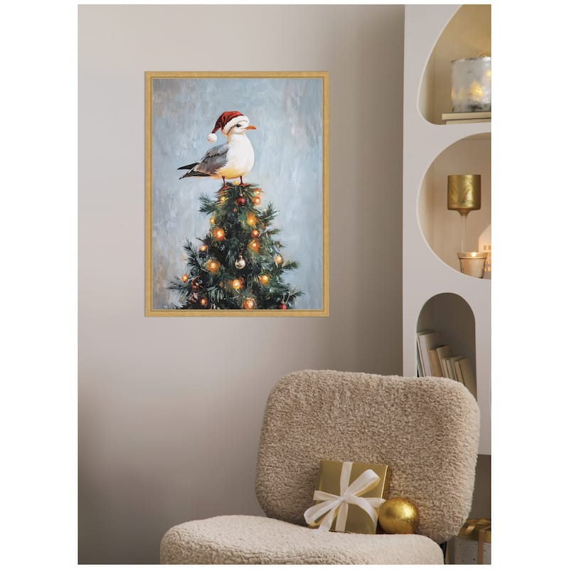Kate and Laurel Framed Canvas Seagull Santa Hat Festive Holiday Tree by The Creative Bunch Studio