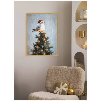 Kate and Laurel Framed Canvas Seagull Santa Hat Festive Holiday Tree by The Creative Bunch Studio