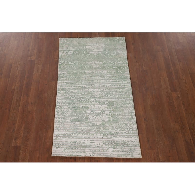 Striped Green Modern Abstract Accent Rug Handmade Wool Carpet - 2'8"x 4'9"