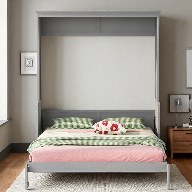 Queen Size Murphy Bed with Shelf, Foldable Wall Bed with Desk, Space-Saving Pine Wood Frame, No Box Spring