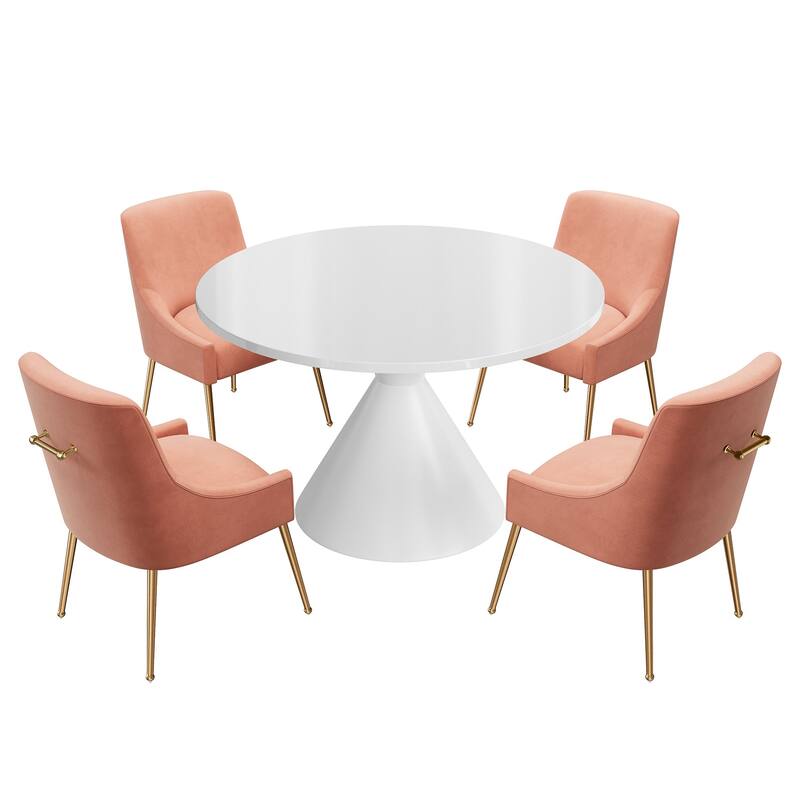 48" Light Luxury White High Gloss Large Countertop Dining Table with Velvet Dining Chair Set