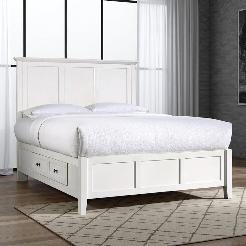 Kenji King Size Bed, Panel Headboard, Storage Drawers, Satin White Mahogany