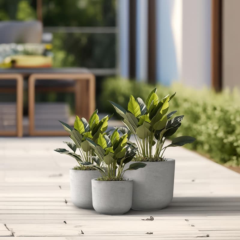 Tall Concrete Round Plant Pots / Large Indoor and Outdoor flower Planters - 3 Piece Set (11.5, 13.5, 9.5 Inch Diameter) - Stone Finish