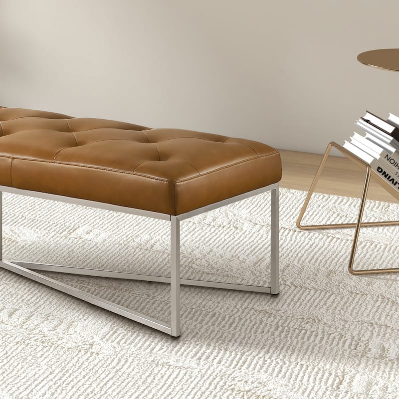 Madera 60" Wide Tufted Tan Leather Bench with Metal Frame