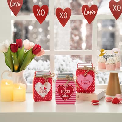 Glitzhome 7"H Set of 3 Valentine's Wooden Mason Jar Table Decor