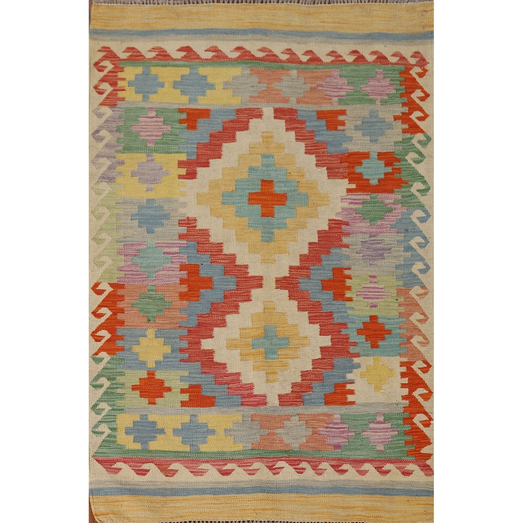 Southwestern / Geometric Kilim Oriental Rug Hand-Woven Wool Carpet - 3'2"x 5'0"