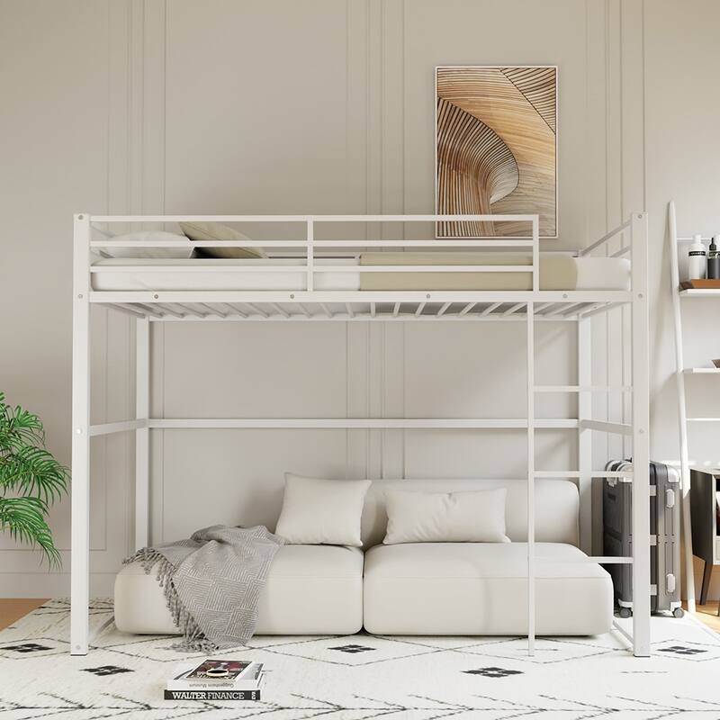 Metal Loft Bed Twin, Loft Bed Frame with Guard Rails and Flat Ladder - White