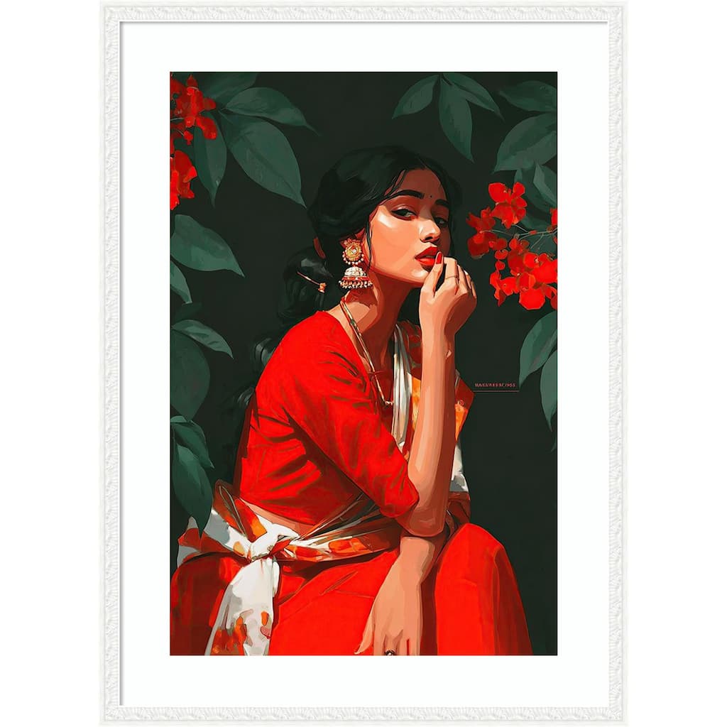 Indian Woman Red Traditional Dance Pose Elegant Teal by Tradelink inhouse artist Wood Framed Wall Art Print