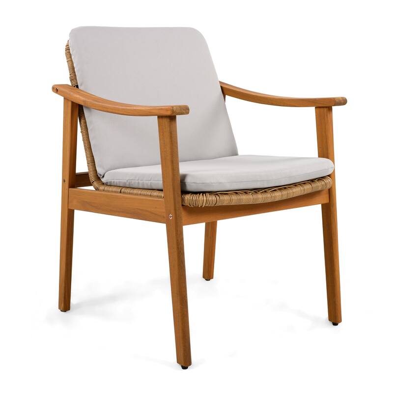 Teak Acacia Wood Outdoor Dining Chairs Set of 2 - PE Wicker & Waterproof Cushions - All-Weather Patio, Deck, Backyard Furniture