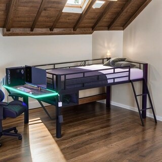 Industrial Modern Twin Size Gaming Mid Loft Bed with desk & LED, Maximized Space, Sturdy Construction & Safety Guaranteed