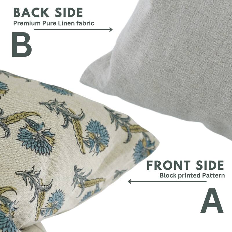 Fabdivine Blue Floral 18x18 Inch Handmade Block Print Pillow Cover Square Soft Pure Linen Home or Room Décor, Daffodil