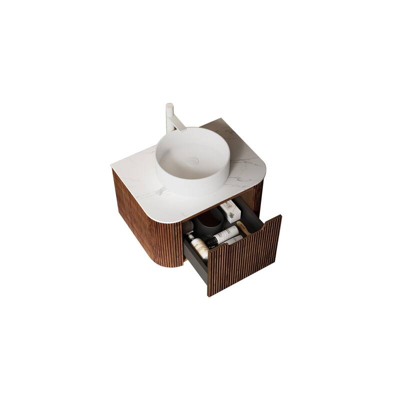 GDFStudio - Dina Modern 24" Floating Bathroom Vanity with Striped Curved Drawer & White Round Ceramic Basin, WITHOUT Faucet