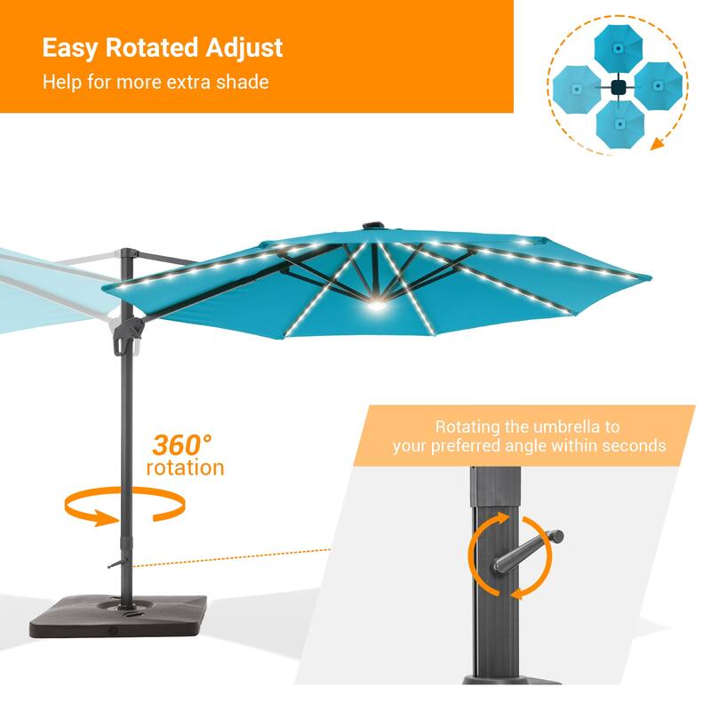 BONOSUKI 11ft LED Aluminum Patio Cantilever Offset Umbrella with Base