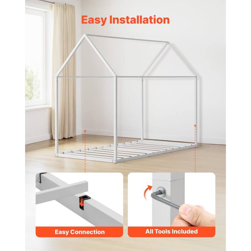 Twin Size White Metal Kids House Bed Frame with Floor Safety and Roof Creative Play Space