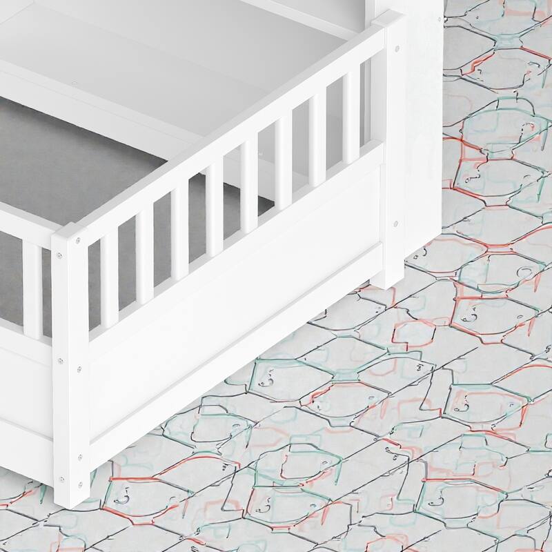 Wooden Floor Bed with Fence Guardrails, Montessori Style Kids Bed Frame with Side Storage Design