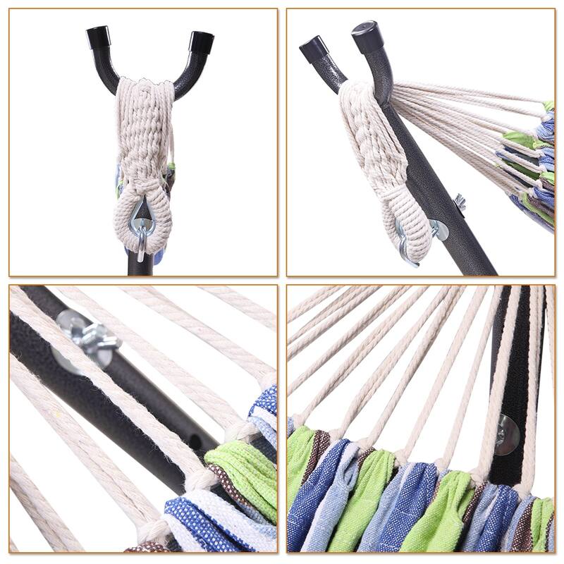 Portable Outdoor Green and Blue Striped Polyester Hammock Set