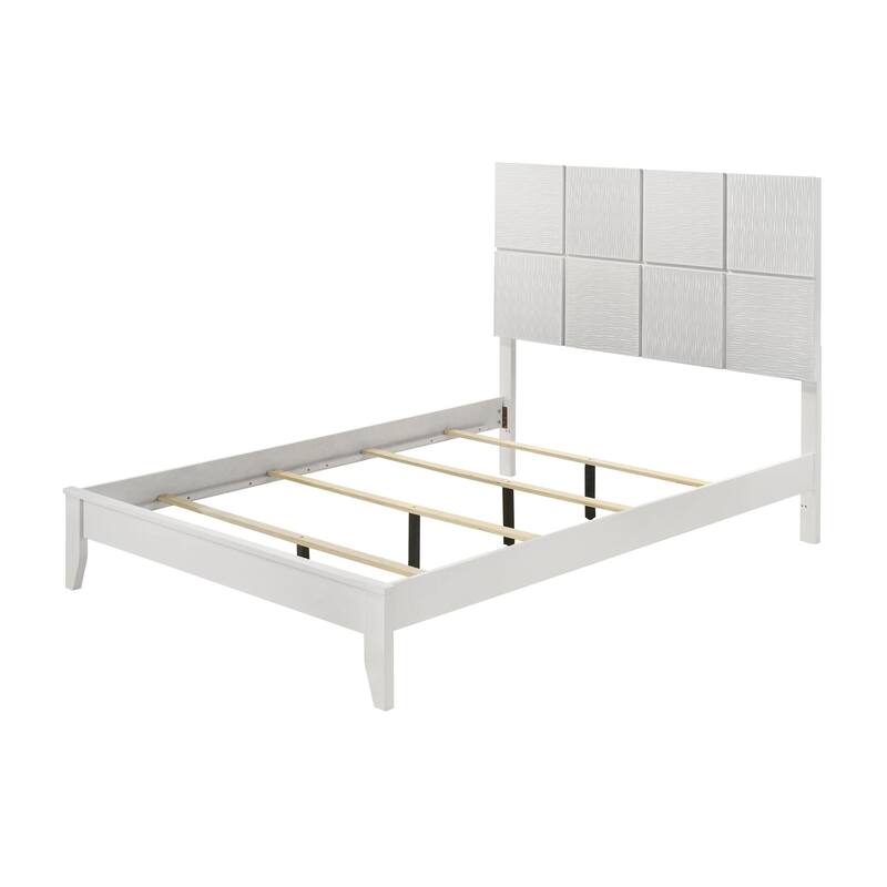 Deny Queen Size Bed w Grid Pattern Headboard, Tapered Front Legs, White
