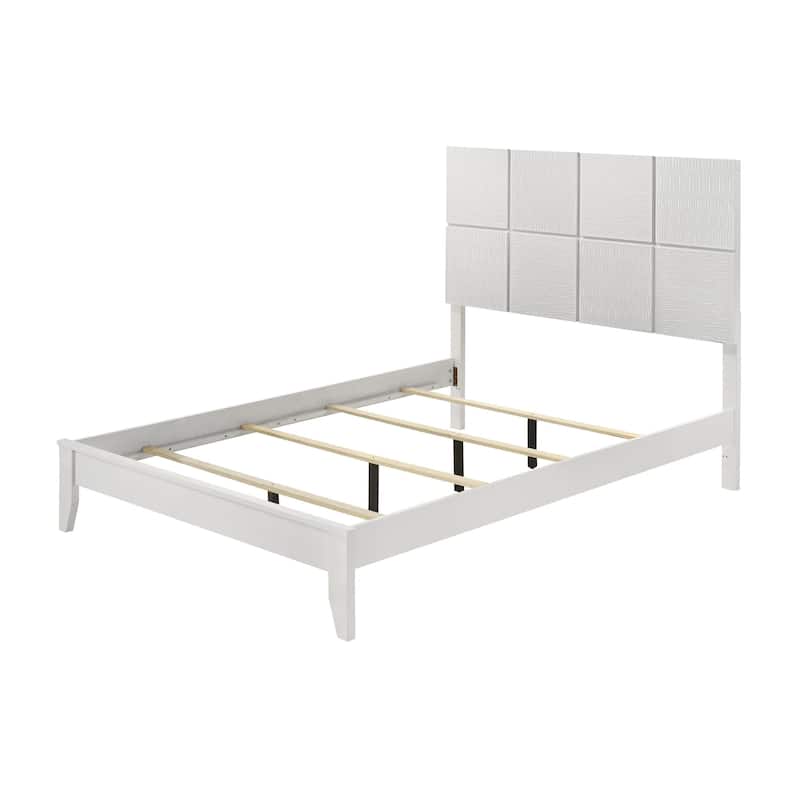 Deny Twin Size Bed w Grid Pattern Headboard, Tapered Front Legs, White