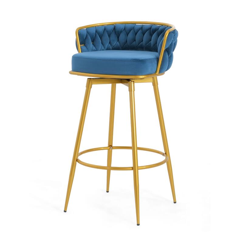 Roomfitters 31.5" Swivel Counter Height Bar Stools Set of 2, Low Back Upholstered Kitchen Chairs with Gold Metal Legs, Blue
