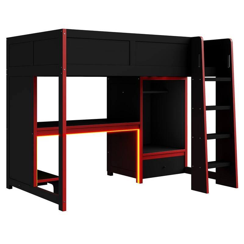 Twin/Full Size Gaming Bed with Built-in Desk & LED Light, E-Sports Style Wood Loft Bed with Open Wardrobe & Drawer