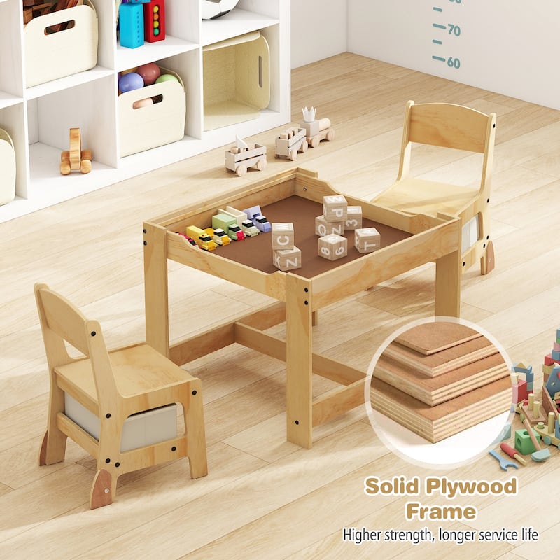 Plywood 3 in 1 Kids Table and Chairs Set with Storage Bins - 24.5" x 24.5" x 19"