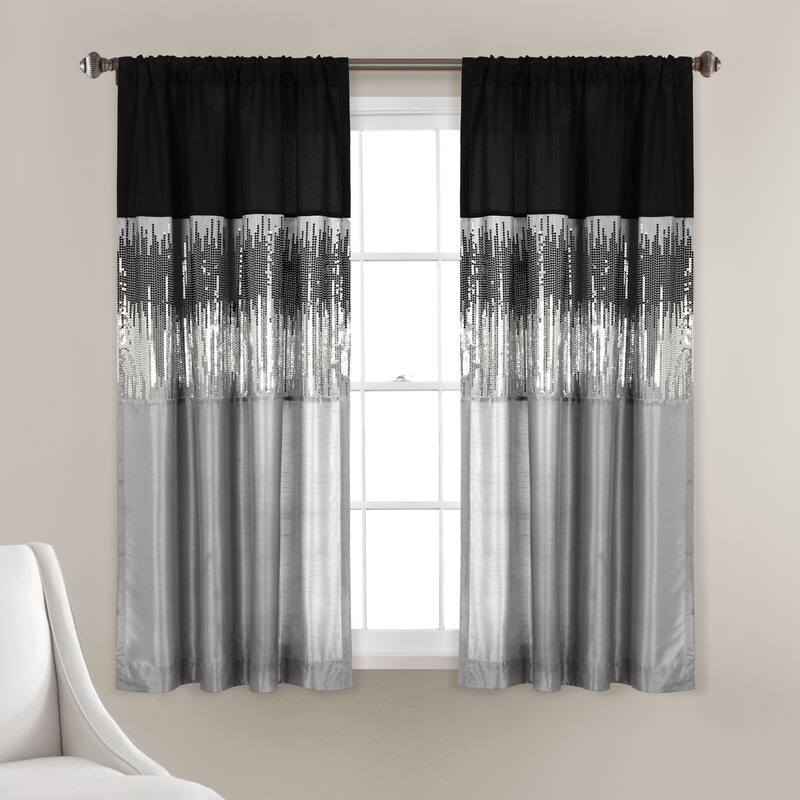 Silver Orchid Page Two-tone Faux Silk Glamorous Sequins Sparkle Single Curtain Panel - 63"L x 42"W - Black/Gray