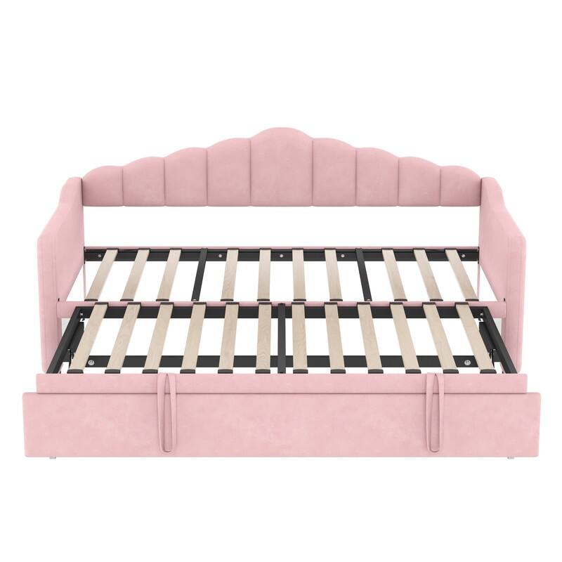 Twin Size Upholstered Daybed with Adjustable Height Pop Up Trundle and Charging Port, 2 Side Pockets