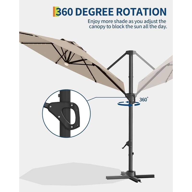 10FT Outdoor Cantilever Umbrella Patio Umbrella Solar LED with Base Included, 360-Degree Rotation