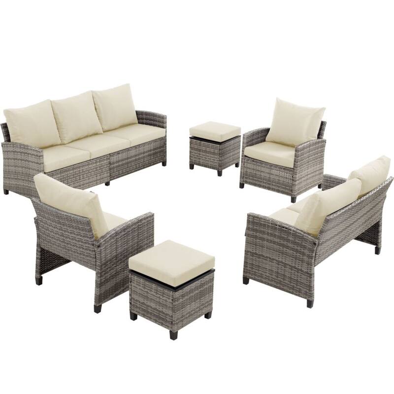6pcs Wicker Patio Conversation Set Seating Loveseat Sofa with Ottomans