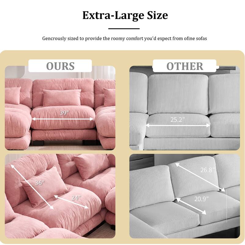 GALDWIN Velvet Upholstered 3-Seater Comfy U-shaped Cloud Tufted Free Combined Sectional Sofa with 2 Ottomans