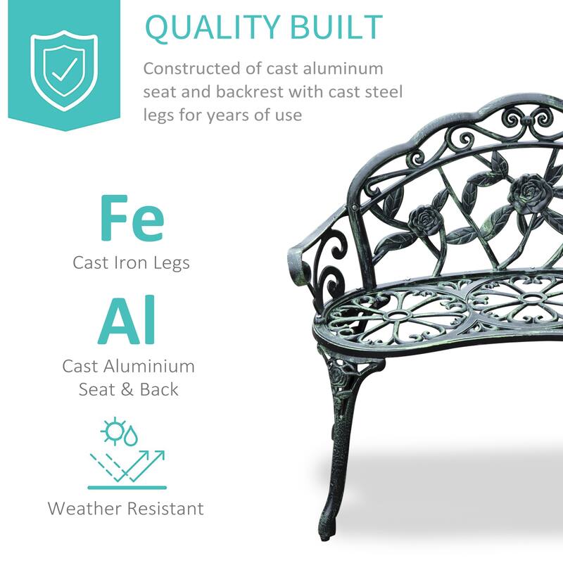 Outdoor Bench, Cast Aluminum Outdoor Furniture, Metal Bench With Floral Rose Accent & Antique Finish - Green