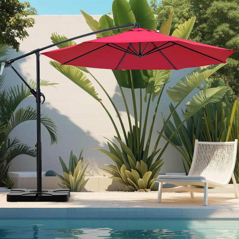 9.8ft Patio Offset Umbrella Cantilever Umbrella with Crank & Cross Bases - Red