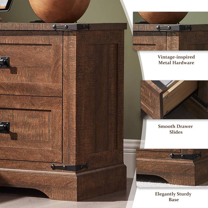Farmhouse 2 Drawers Nightstand with Charging Station, Large End Table