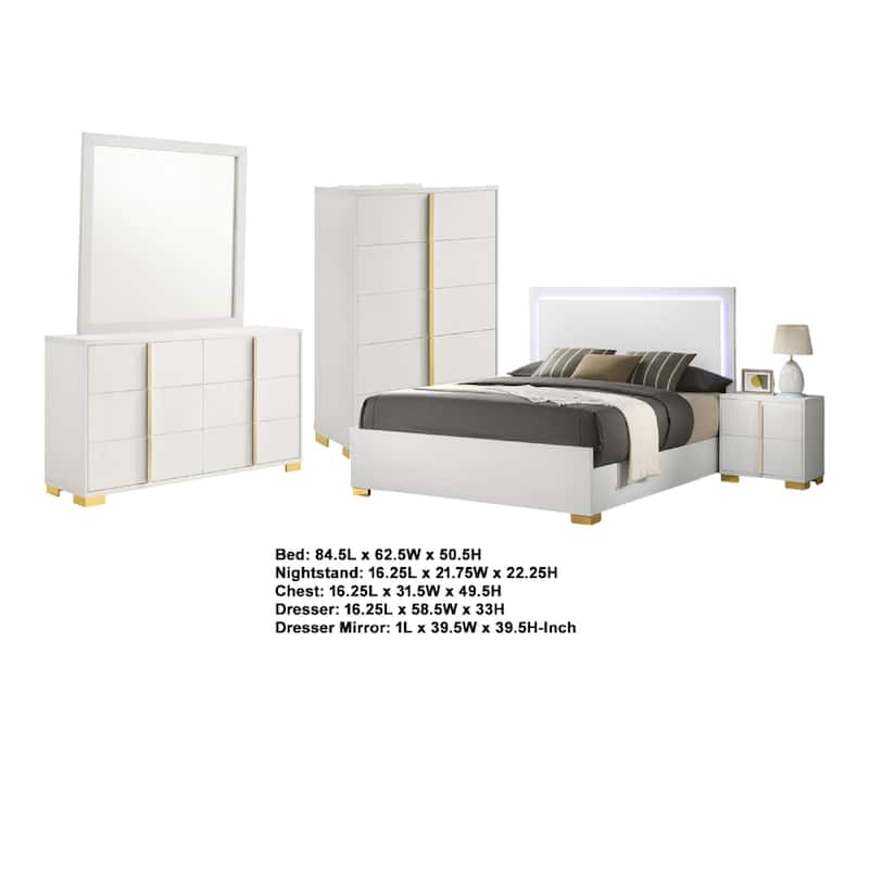 Dex 5pc Queen Bedroom Set with Modern LED Headboard, Mirror, White