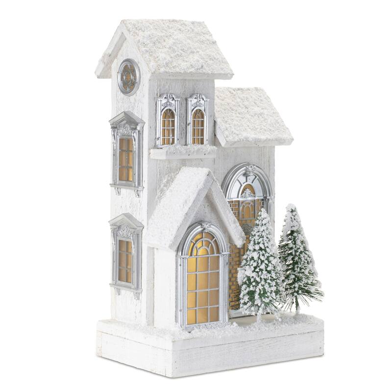 LED Lighted Flocked Wooden House Christmas Decoration - 14.5" - White