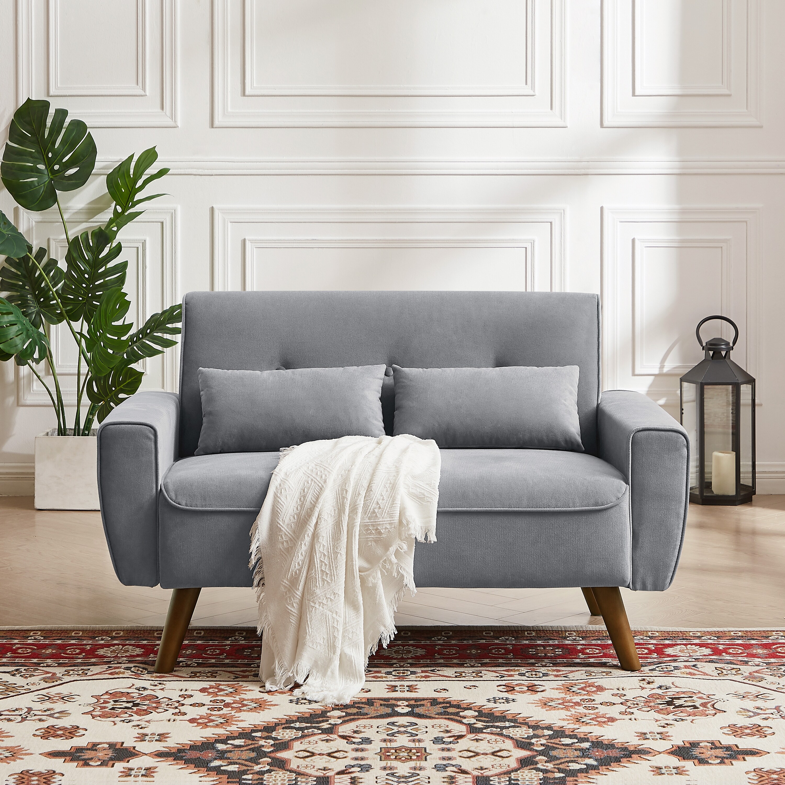 50 Loveseat Sofa, Mid Century Linen Fabric 2-Seat Sofa Couch with Back  Cushions and Tapered Wood Legs, Upholstered Small Sofa with 2 Pillows for  Living Room, Bedroom, Small Space, Blue 