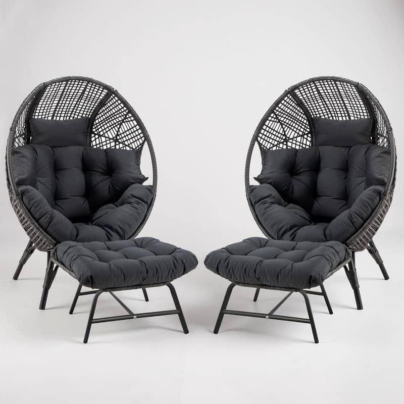 Set of 2 Outdoor Wicker Egg Chairs with Ottomans, 4-Piece Patio Lounge Chair Set, 6.5" Thick Cushions, 440 lbs Capacity