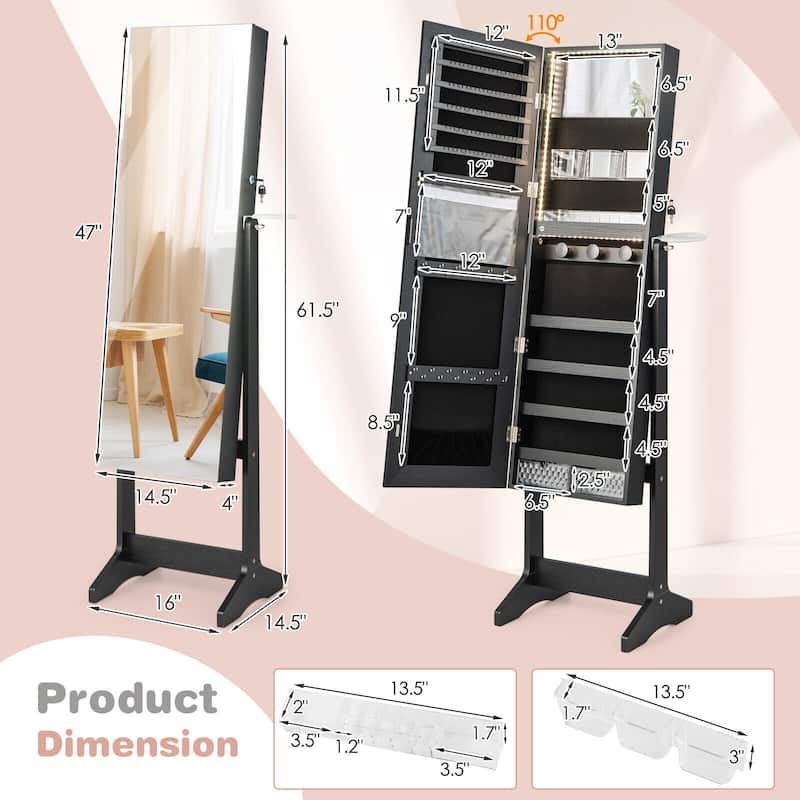 Full Length Mirror Jewelry Organizer with Adjustable LED Lighting - 16" x 14.5" x 61.5" (L x W x H)