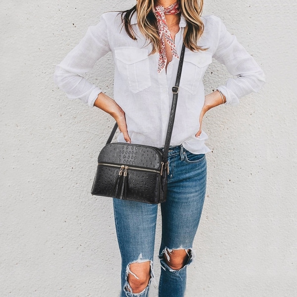 Dasein Ostrich Embossed Leather Crossbody Messenger Bag. Opens flyout.