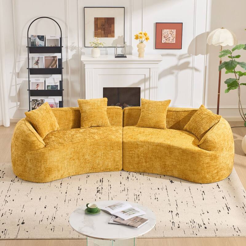 Curved Sectional Sofa with Pillows, Chenille Upholstered 4 Seater Sofa, Full-Compressed Deep Seat Sofa for Living Room