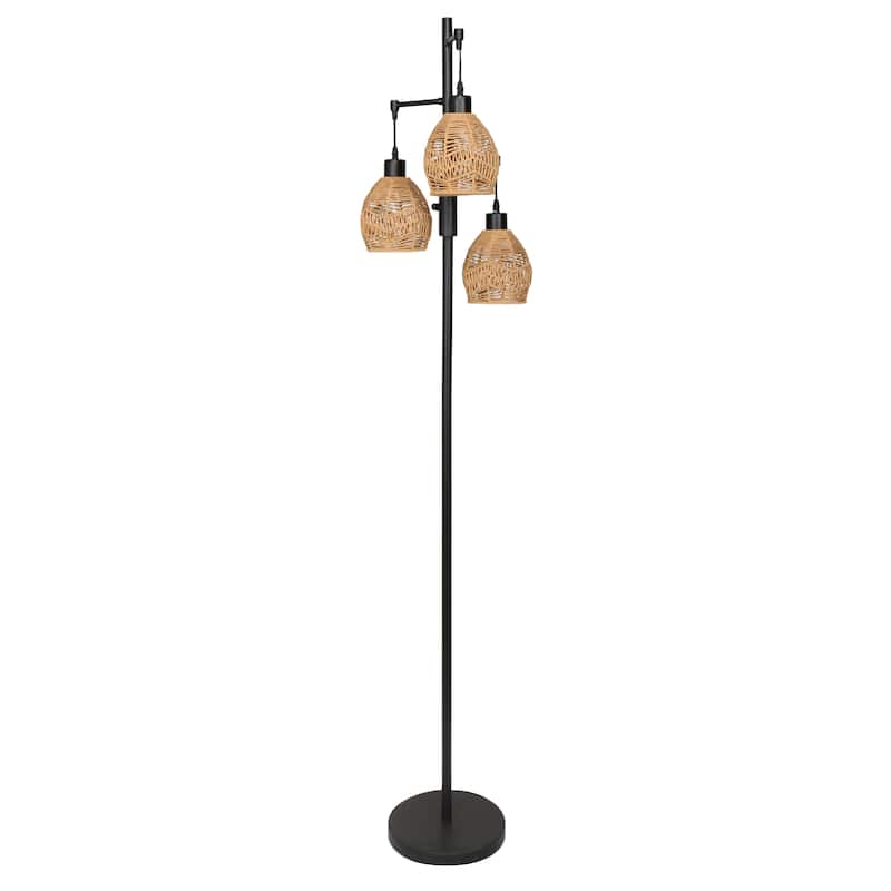 65" 3-Light Metal Floor Lamp With Rattan Cage Shades