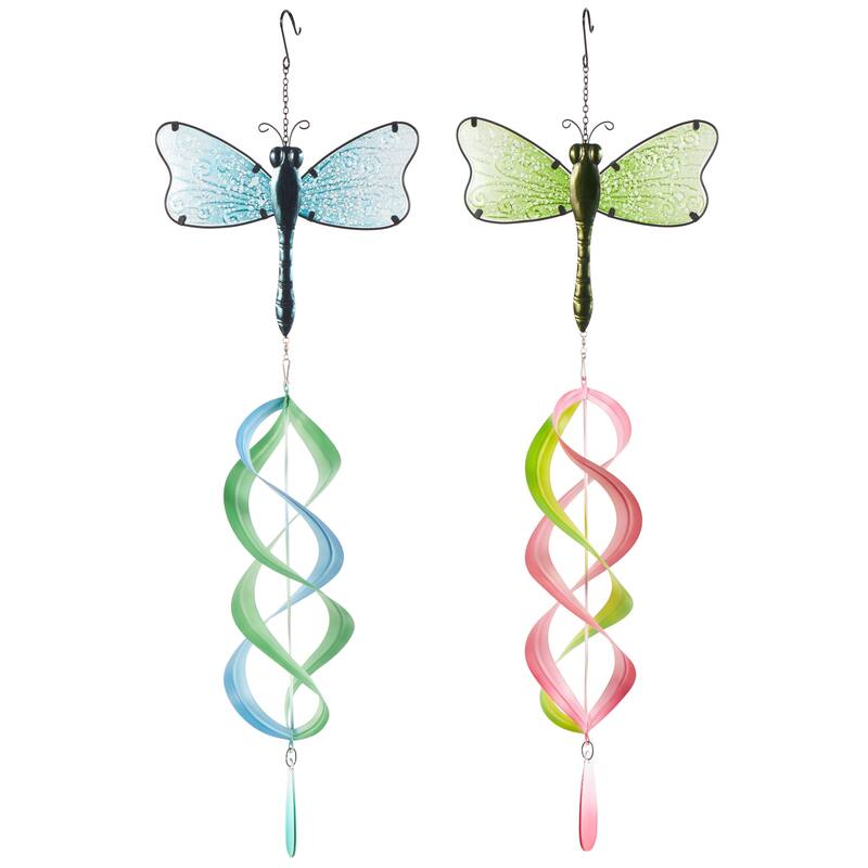 Multi Colored Metal Swirl Wind Spinner Dragonfly Windchime with Dangling Charms (Set of 2 or 3)
