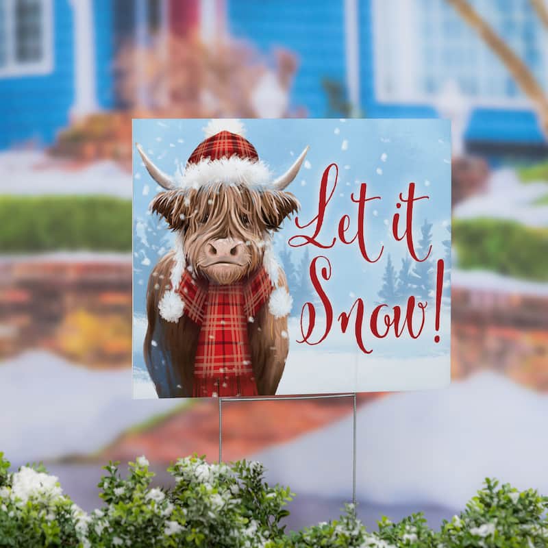 Holiday Highland Cow Yard Sign - "Let It Snow" - 24" x 18" - Multicolor