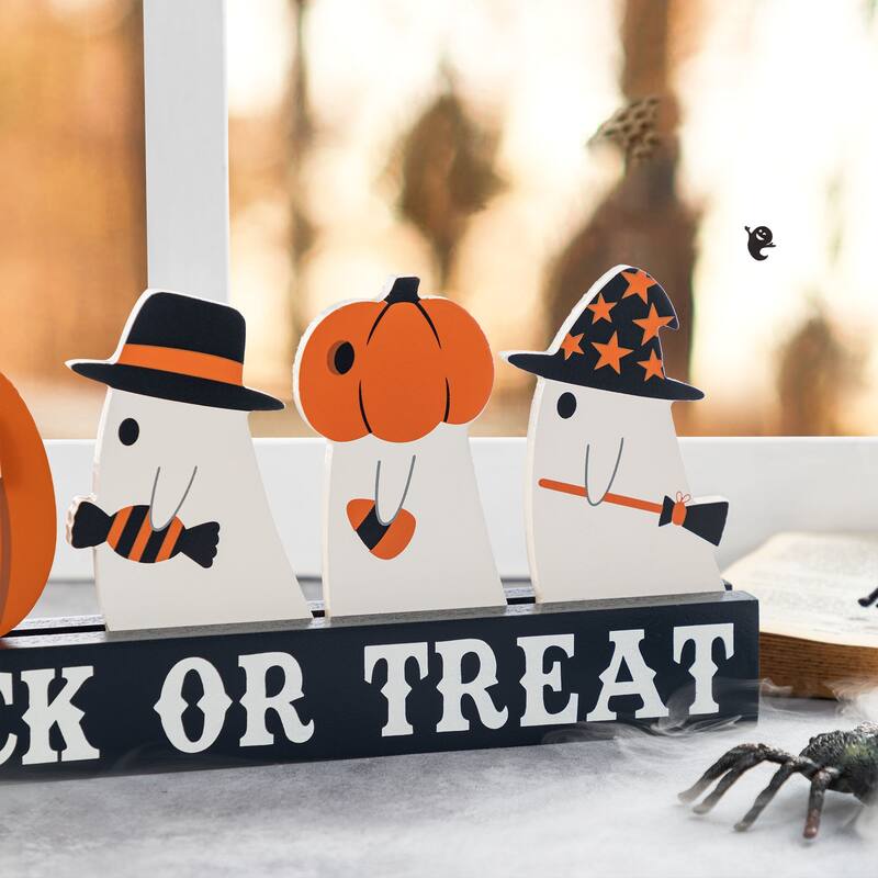 Glitzhome 18"L Happy Halloween Wooden Metal Dancing Witch or Ghost Countdown Calendar Table Decor