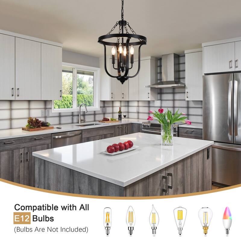 Farmhouse 4-Light Dimmable Cage Pendant Light Candle Chandelier for Kitchen Island