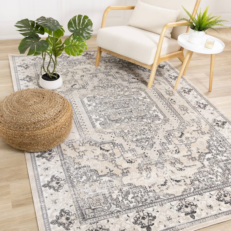 Washable Beige Grey Traditional Area Rug - 5'3" x 7'7"