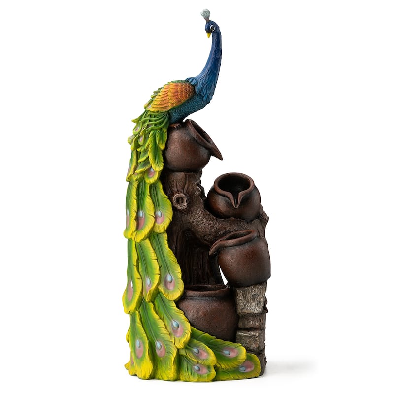 Glitzhome 40"H Oversized 4-Tier Peacock Jars Polyresin LED Lighted Outdoor Floor Fountain