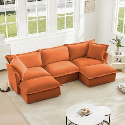 3-Seater Slipcovered U-Shape Sectional Deep Seat Sofa Couch with 2 Ottomans